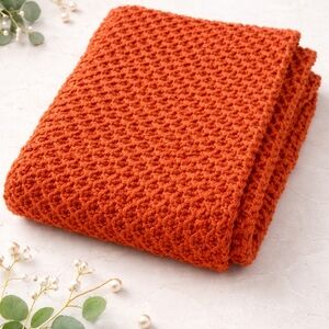 Handmade Orange Textured Knit Throw Blanket
